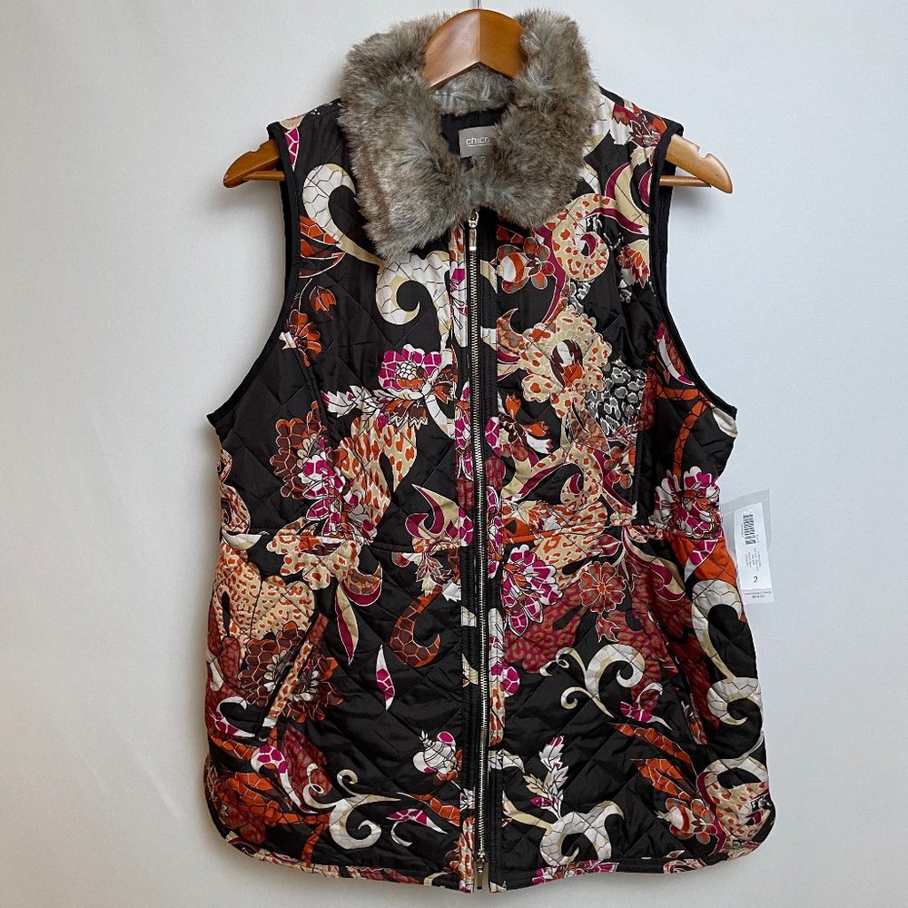 Chicos Womens Quilted Long Vest Size 2 (Large) Floral Brown Full Zip Boho Casual